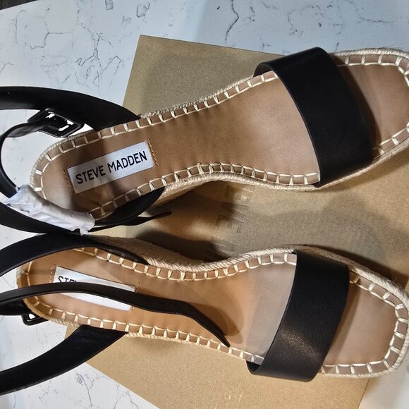 Steve Madden Upstage Black Leather Espedrille High Wedge Platform Sandal SIZE 7 - Picture 3 of 10